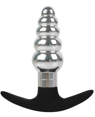 Втулка анальная металлическая ступенчатая серебряного цвета с силиконовой ручкой