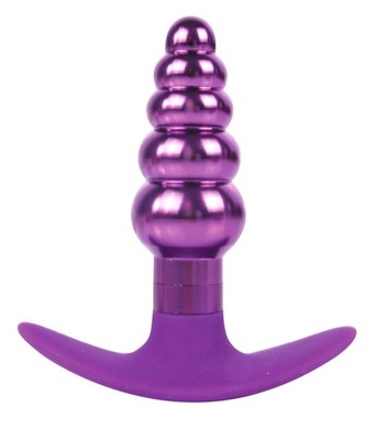 Втулка анальная металлическая ступенчатая с силиконовой ручкой фиолетового цвета