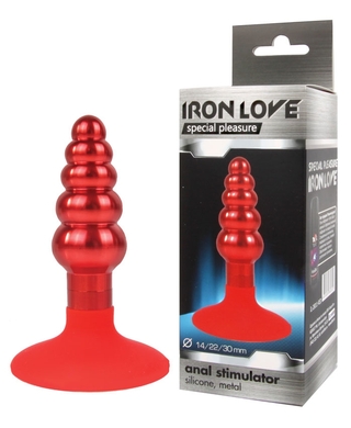 Втулка анальная металлическая ступенчатая с силиконовым основанием-присоской красного цвета