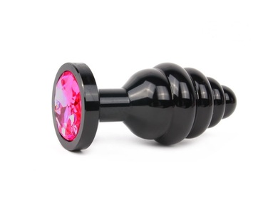 Анальная втулка ребристая черная с кристаллом рубинового цвета, размер M