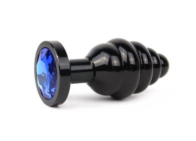 Анальная втулка ребристая черная с кристаллом синего цвета, размер M