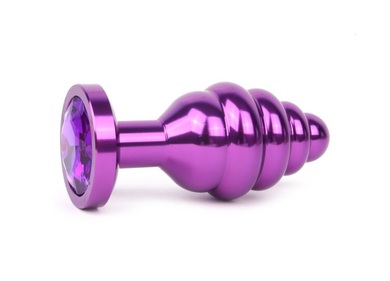 Анальная втулка ребристая фиолетовая с кристаллом фиолетового цвета, размер M