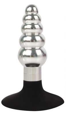 Втулка анальная металлическая ступенчатая серебряного цвета с силиконовым основанием-присоской