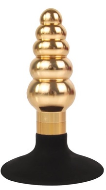 Втулка анальная металлическая ступенчатая золотого цвета с силиконовым основанием-присоской, S