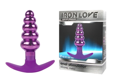 Втулка анальная металлическая ступенчатая с силиконовой ручкой фиолетового цвета, M