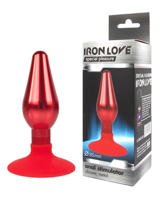Втулка анальная металлическая с силиконовым основанием-присоской красного цвета, M