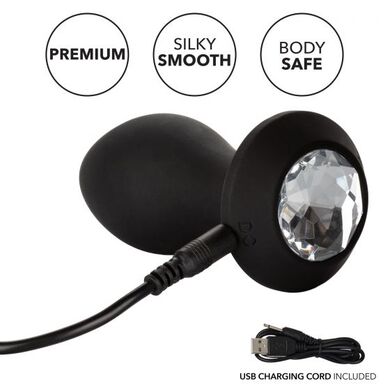 Перезаряжаемая анальная пробка с вибрацией и кристаллом Power Gem черная