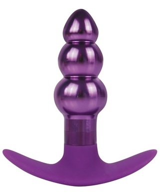 Анальная металлическая ступенчатая втулка с силиконовой ручкой фиолетового цвета