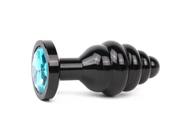 Анальная втулка ребристая черная с кристаллом голубого цвета, размер M