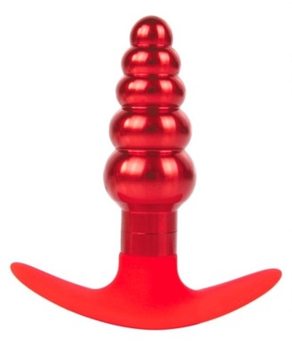 Втулка анальная металлическая ступенчатая с силиконовой ручкой красная цвета, S