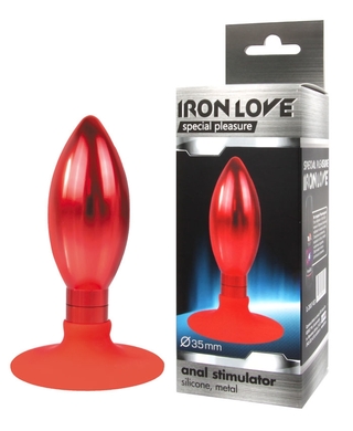 Анальная металлическая втулка с силиконовым основанием-присоской красного цвета, M