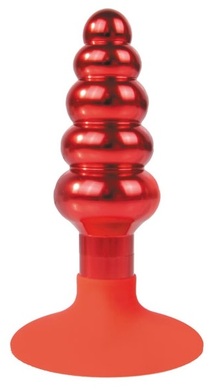 Втулка анальная металлическая ребристая красная с силиконовым основанием-присоской