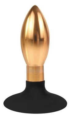 Анальная металлическая втулка золотого цвета с черным силиконовым основанием-присоской