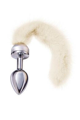 Анальная пробка металлическая серебристая с белым норковым хвостиком