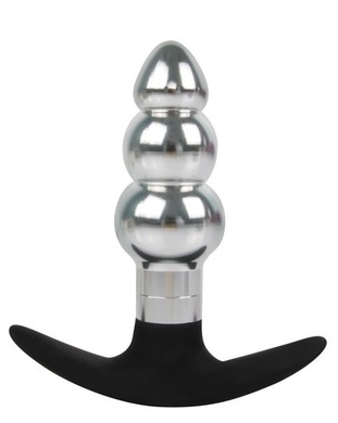 Анальная металлическая ступенчатая втулка серебряного цвета с силиконовой ручкой