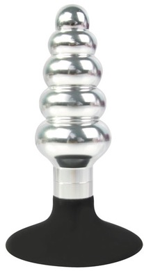 Втулка анальная металлическая ступенчатая серебряного цвета с силиконовым основанием-присоской, M