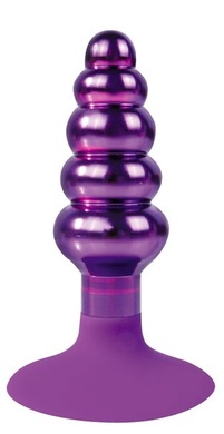 Втулка анальная металлическая ступенчатая фиолетового цвета с силиконовым основанием-присоской, M