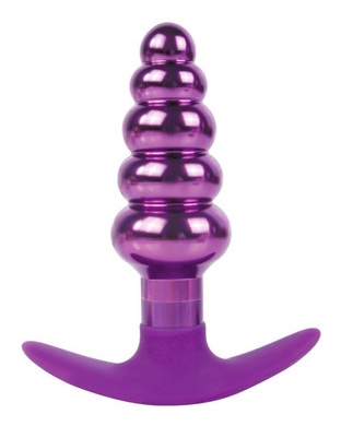 Втулка анальная металлическая ступенчатая с силиконовой ручкой фиолетового цвета, M