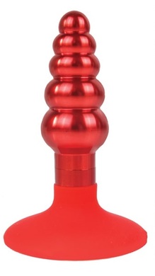 Втулка анальная металлическая ступенчатая с силиконовым основанием-присоской красного цвета