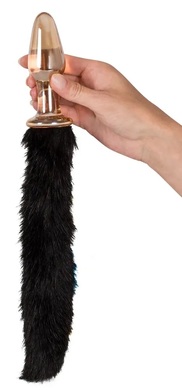 Анальная втулка стеклянная с черным хвостиком Glass Plug with Tail