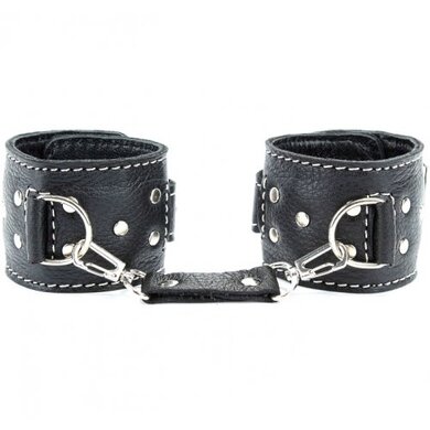 Наручники из натуральной черной кожи с белой строчкой