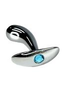 Серебристая изогнутая анальная пробка для ношения c голубым кристаллом (Small)