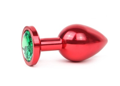 Анальная втулка красная с кристаллом зеленого цвета, размер L