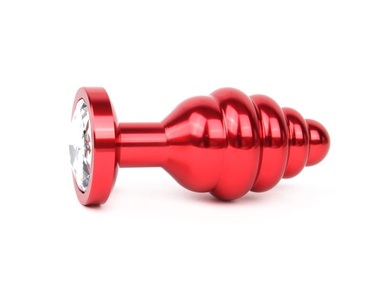 Анальная втулка ребристая красная с прозрачным кристаллом, размер M