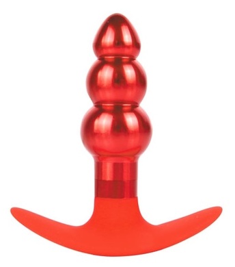 Анальная металлическая ступенчатая втулка с силиконовой ручкой красного цвета