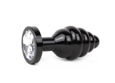 Анальная втулка ребристая черная с бесцветным кристаллом, размер M