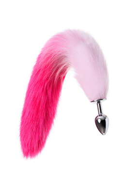 Анальная пробка металлическая серебристая с бело-розовым хвостом, размер S