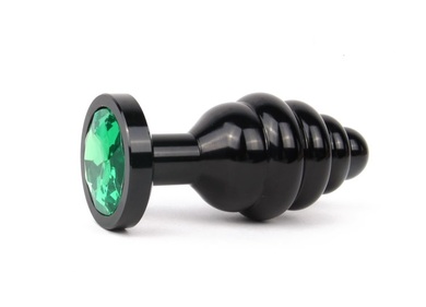 Анальная втулка ребристая черная с кристаллом зеленого цвета, размер M