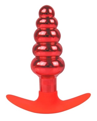 Втулка анальная красная металлическая ступенчатая с силиконовой ручкой красного цвета, M