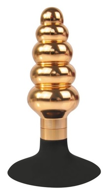 Втулка анальная металлическая ступенчатая золотого цвета с силиконовым основанием-присоской, M