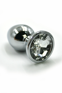 Серебряная анальная пробка с прозрачным кристаллом (Large)