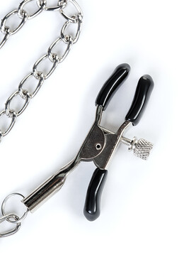 Черный кляп-трензель в виде косточки с зажимами для сосков