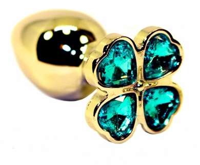 Золотая анальная пробка с нежно-голубыми кристаллами в форме цветка (Small)