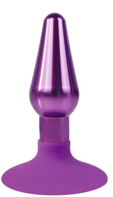 Втулка анальная металлическая фиолетовая с фиолетовым силиконовым основанием-присоской, S
