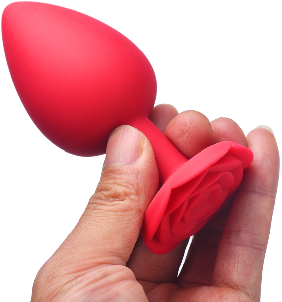 Анальная пробка красная с ограничителем в форме розочки, размер L