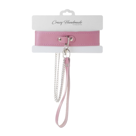 Ошейник c поводком однослойный розовый (серебро)