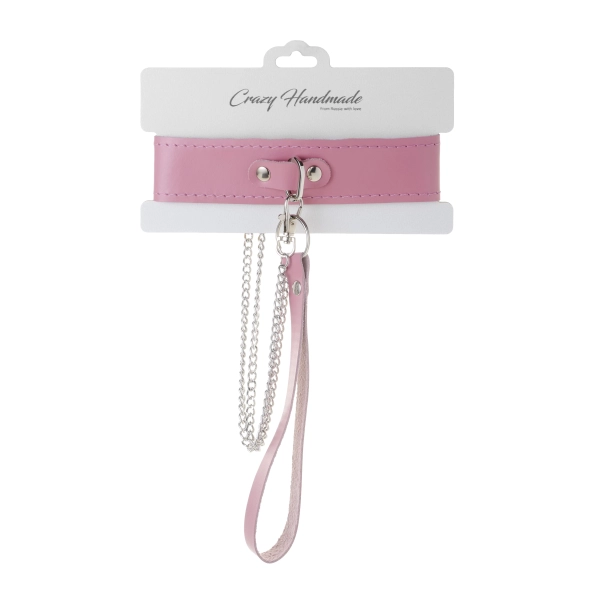 Ошейник c поводком однослойный розовый (серебро)