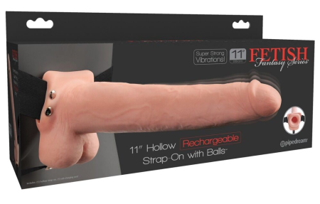 Фаллопротез с вибрацией перезаряжаемый с мошонкой Hollow Rechargeable Strap-on with Balls 11"