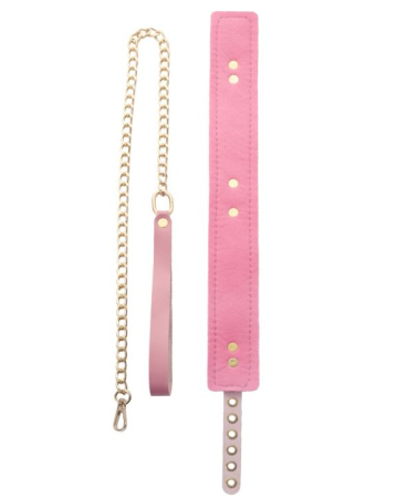 Ошейник с поводком из натуральной кожи розовый