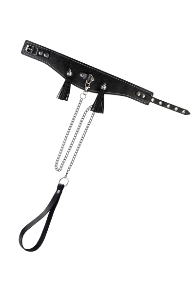 Ошейник высокий с кисточками из натуральной кожи черный Pecado