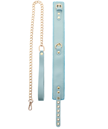 Ошейник с поводком из натуральной кожи голубой