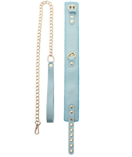 Ошейник с поводком из натуральной кожи голубой