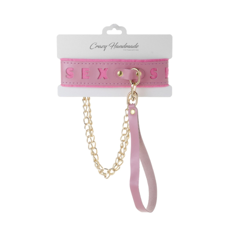Ошейник розовый с поводком с надписью SEX (фетр, золото)