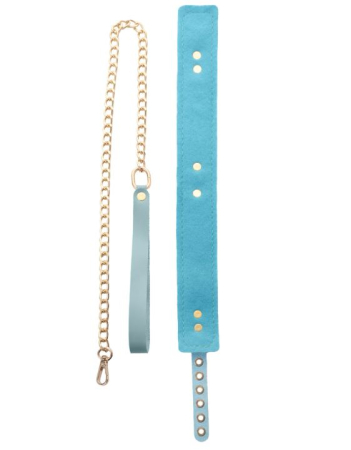 Ошейник с поводком из натуральной кожи голубой