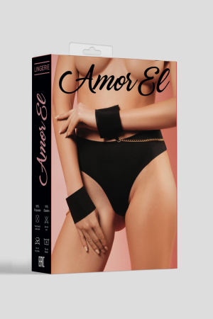 Бесшовные черные трусики-танго с цепочкой и наручниками Amor El, L