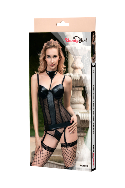 Корсет, танга и чулки черные Candy Girl Aurora, XL